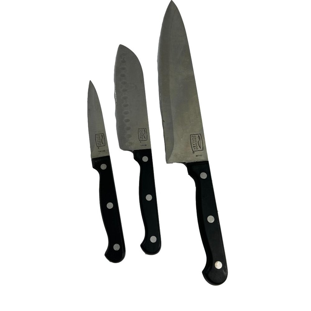 Set of 3 Chicago Cutlery Knife Set 8" 5" 3.5" Black Handle Paring Chef Partoku
